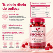 VOSBELLA para crecimiento de pelo con biotina, vitamina C y vitamina E, con información nutricional, modo de uso y nutrientes por porción
